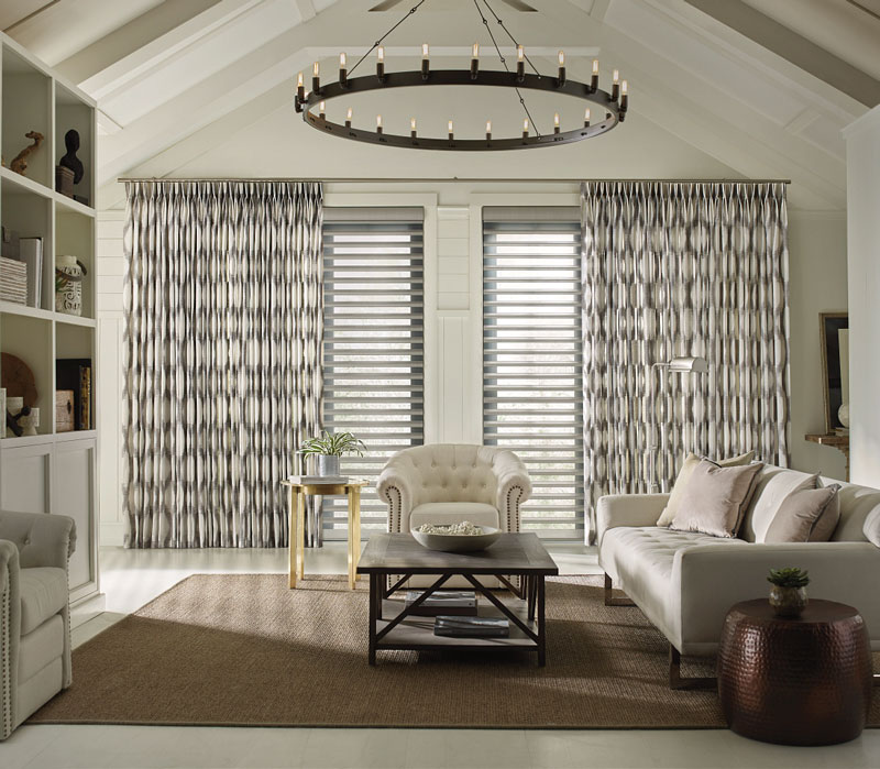 living room with colorful curtains